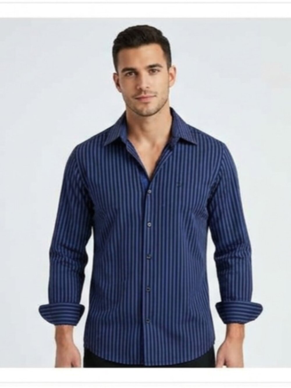 Robert Graham Mens Size 47/18.5 Button Down Blue Black Striped Long Sleeve Shirt